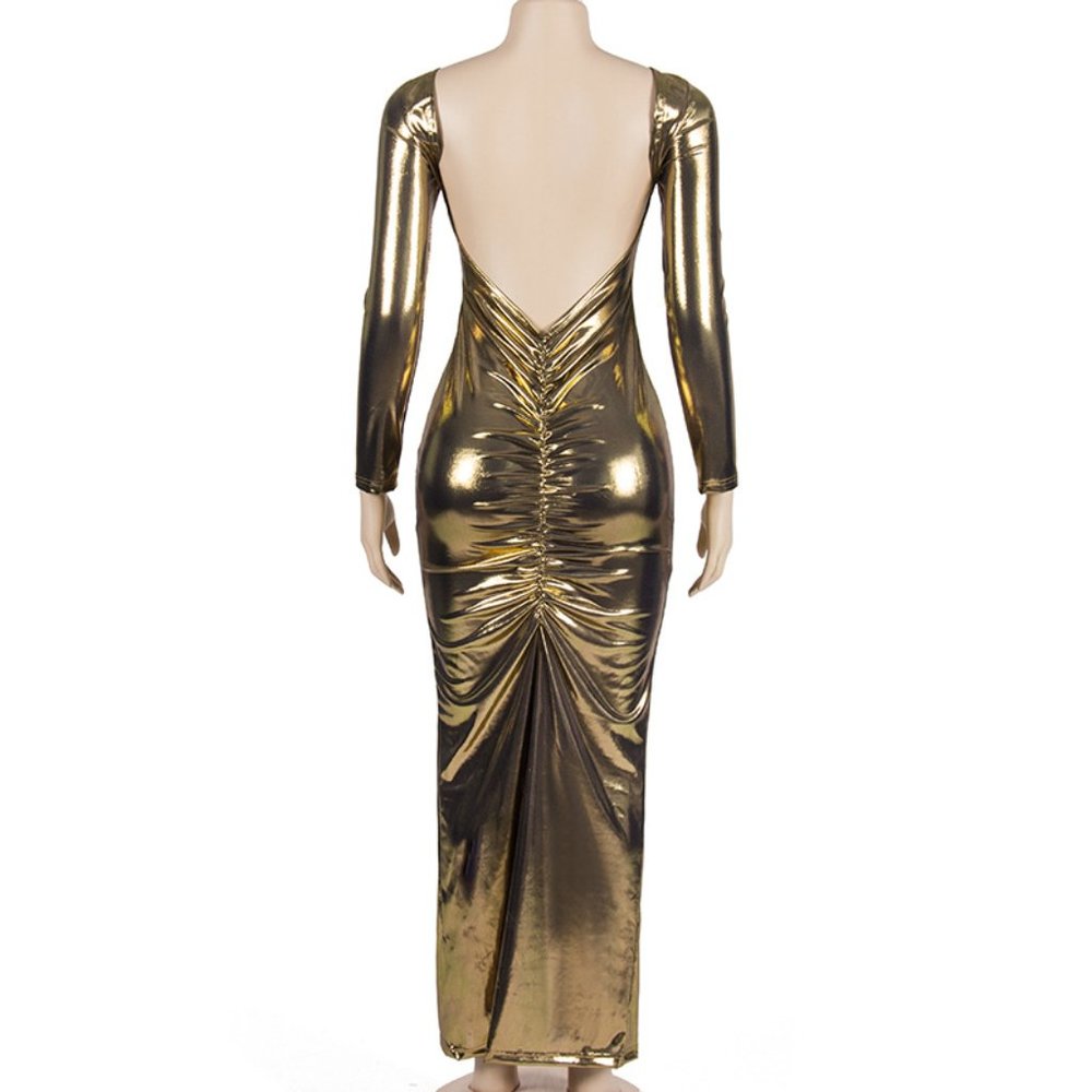 Metallia's Long Sleeve Backless Long Glossy Dress - Picture 5 of 5